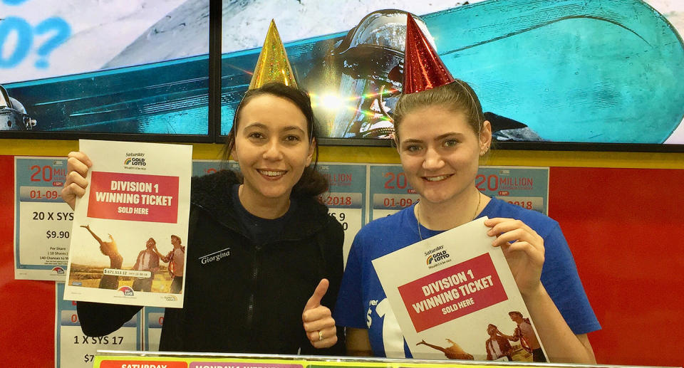 Golden Lucky News employees Giorgina Orr (pictured left) and Ruby Adolf (pictured right) celebrate the Gold Coast’s latest win. Source: Supplied