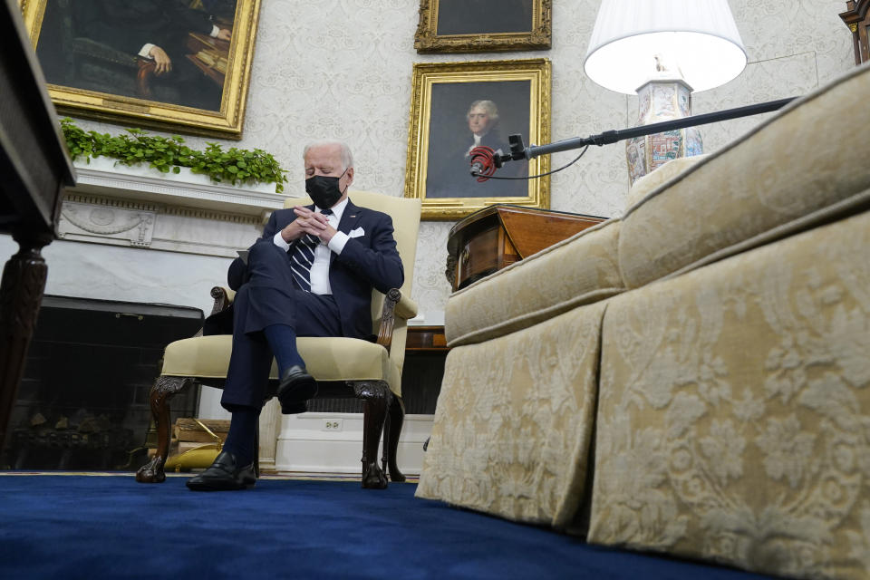 FILE - In this Aug. 27, 2021, file photo President Joe Biden listens as he meets with Israeli Prime Minister Naftali Bennett in the Oval Office of the White House in Washington. The need for crisis-driven leadership comes to all U.S. presidents. Now, on several fronts at once, it has come to President Joe Biden. As the president who is ending America's longest war, in Afghanistan, he will be judged by history for how he did it. (AP Photo/Evan Vucci, File)