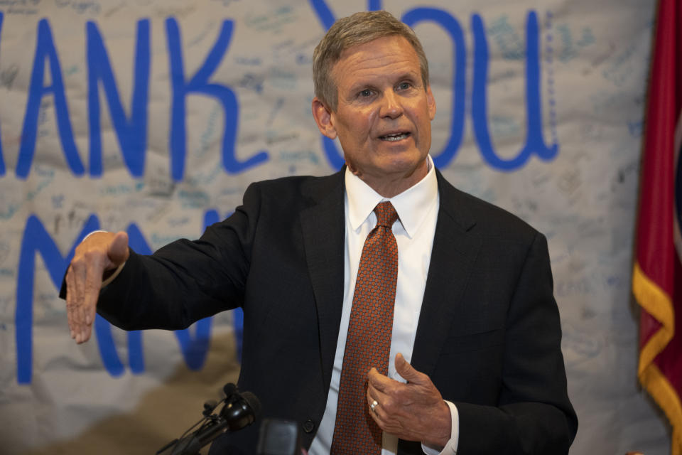 FILE - Tennessee Gov. Bill Lee responds to questions during a news conference, April 11, 2023, in Nashville, Tenn. Lee held the news conference to talk about gun control legislation and an executive order to require information for background checks on gun purchases to be updated more rapidly. Documents obtained by The Associated Press show Lee’s administration accused the National Rifle Association of wanting to use involuntary commitment laws "to round up mentally ill people and deprive them of other liberties." (AP Photo/George Walker IV, File)