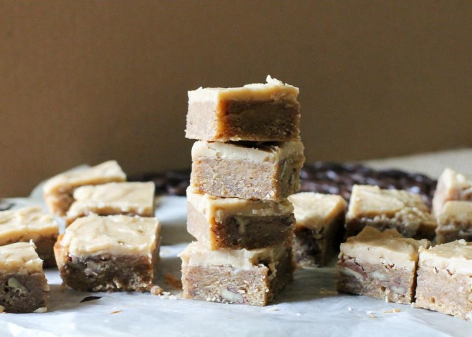 <p>These Banana Nut Bars are dense, fudgy, and full of banana flavor, and the Brown Sugar Frosting kicks ‘em up a notch for a truly outstanding treat! <a href="http://www.bakerita.com/banana-nut-bars-brown-sugar-frosting/" rel="nofollow noopener" target="_blank" data-ylk="slk:Get the recipe here.;elm:context_link;itc:0;sec:content-canvas" class="link ">Get the recipe here.</a></p>