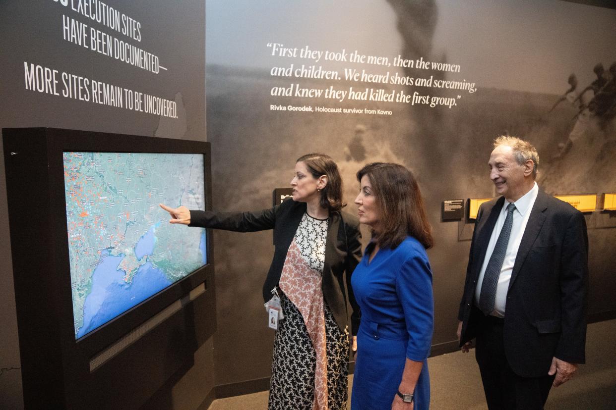 New York Governor Kathy Hochul signs a legislative package to support Holocaust survivors in educational, cultural and financial institutions on Wednesday, Aug. 10, 2022. 