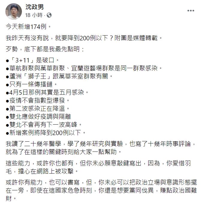 沈政男醫師13日在臉書說明，早在之前他就點明許多事情。（圖／翻攝自沈政男臉書）