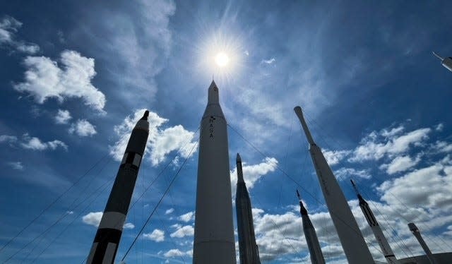 Kennedy Space Center Visitor Complex rocket garden ahead of the eclipse.