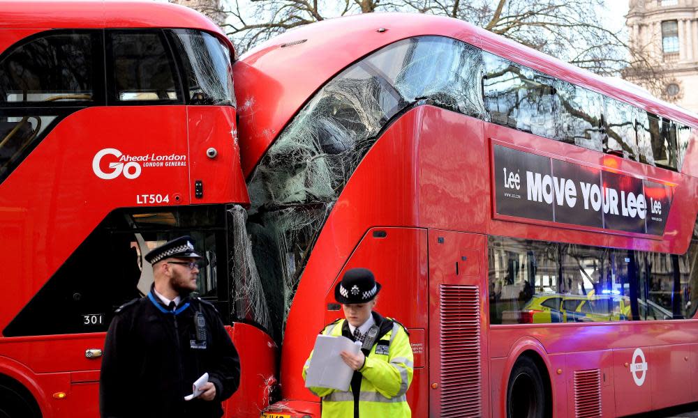 Parliament Square bus accident. Two of three buses that were involved in an accident in Parliament Square, London, that resulted in two people suffering minor injuries.