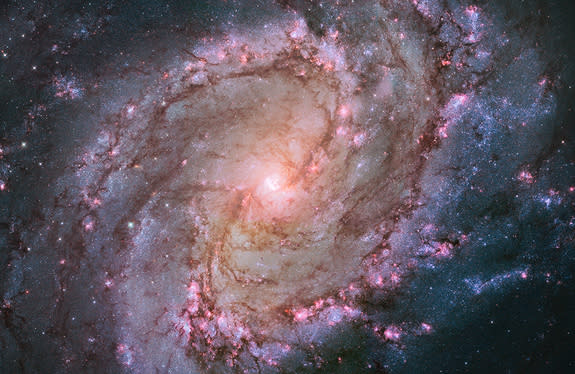 This Hubble Space Telescope image shows the full beauty of nearby spiral galaxy M83 in a mosaic of many photos stitched together. The magentas and blues indicate star-forming regions. Also known as the Southern Pinwheel, M83 is located 15 milli