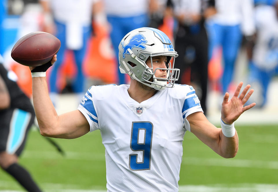 CHARLOTTE, NORTH CAROLINA - NOVEMBER 22:  Matthew Stafford #9 of the Detroit Lions looks to pass during the first half against the Carolina Panthers at Bank of America Stadium on November 22, 2020 in Charlotte, North Carolina. (Photo by Grant Halverson/Getty Images)