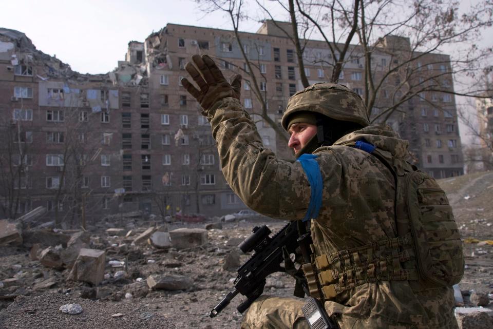 A Ukrainian serviceman guards his position in Mariupol, Ukraine, on March 12, 2022. The image is part of the documentary "20 Days in Mariupol."