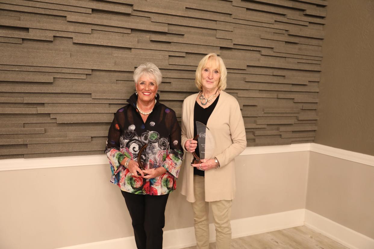 Stark County Commissioner Janet Weir Creighton (left) and retired educator Pat Kovach-Gates (right) received awards from the University of Mount Union's Regula Center for Public Service and Civic Engagement on March 23, 2023.