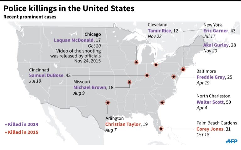Map showing recent prominent cases of police killings in the United States. 135 x 85 mm