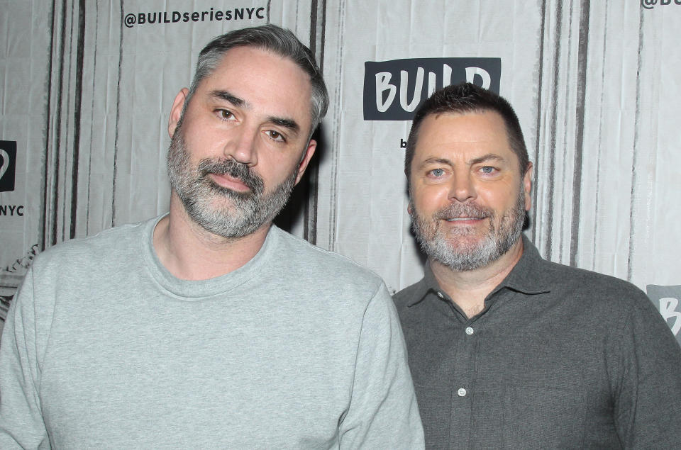 NEW YORK, NEW YORK - MARCH 11: Filmmaker Alex Garland (L) and actor Nick Offerman attend the Build Series to discuss "Devs" at Build Studio on March 11, 2020 in New York City. (Photo by Jim Spellman/Getty Images)