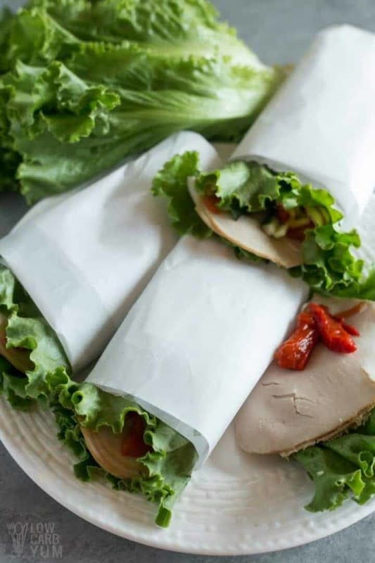 <p>Low Carb Yum</p><p>Quick and easy lettuce wraps make a perfect keto lunch on the go. Just wrap deli meat, cheese, and veggies in a large lettuce leaf.</p><p><strong>Get the recipe:</strong><a href="https://lowcarbyum.com/low-carb-lettuce-wraps/" rel="nofollow noopener" target="_blank" data-ylk="slk:Low-Carb Lettuce Wraps with Turkey;elm:context_link;itc:0;sec:content-canvas" class="link rapid-noclick-resp"> <strong>Low-Carb Lettuce Wraps with Turkey</strong></a></p>