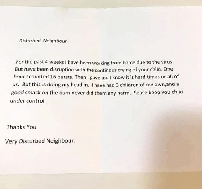 A 'disturbed neighbour' has caused outrage after complaining about a crying baby. Photo: Facebook