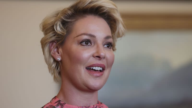 Katherine Heigl speaks at a press conference about gas chamber euthanasia of animals in shelters at the Capitol in Salt Lake City on Wednesday, Jan. 18, 2023. Heigl recently opened up about her decision to live in Utah with her family.