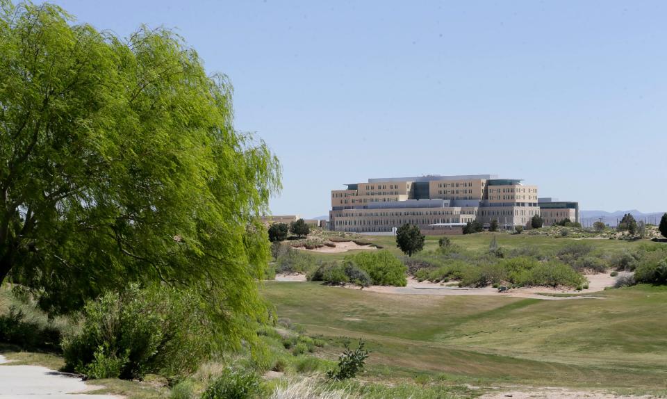 The mammoth William Beaumont Army Medical Center as seen in April 2020 from the nearby Butterfield Trail Golf Course on El Paso International Airport land.