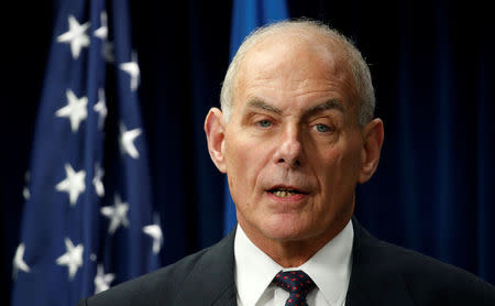 Homeland Security Secretary John Kelly delivers remarks on issues related to visas and travel after U.S. President Donald Trump signed a new travel ban order , U.S., March 6, 2017. REUTERS/Kevin Lamarque