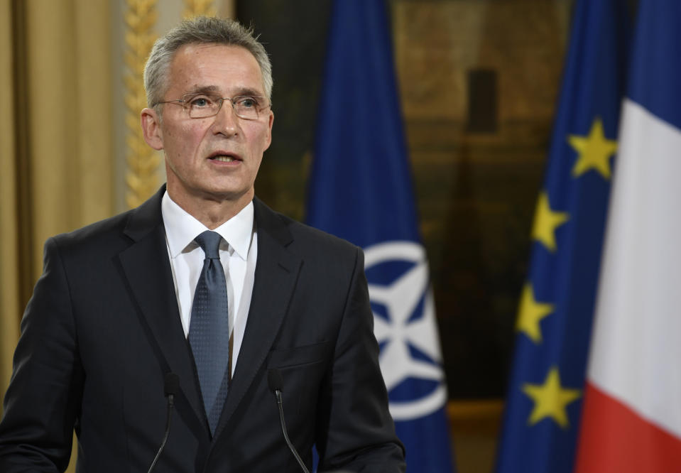 NATO Secretary General Jens Stoltenberg, holds a joint press conference with French President Emmanuel Macron at the Elysee palace, Thursday, Nov.28, 2019 in Paris. French President Emmanuel Macron said the NATO needed "a wake up call" and that its leaders must have a strategic discussion about how the military alliance should work, including on improving ties with Russia. (Bertrand Guay, Pool via AP)