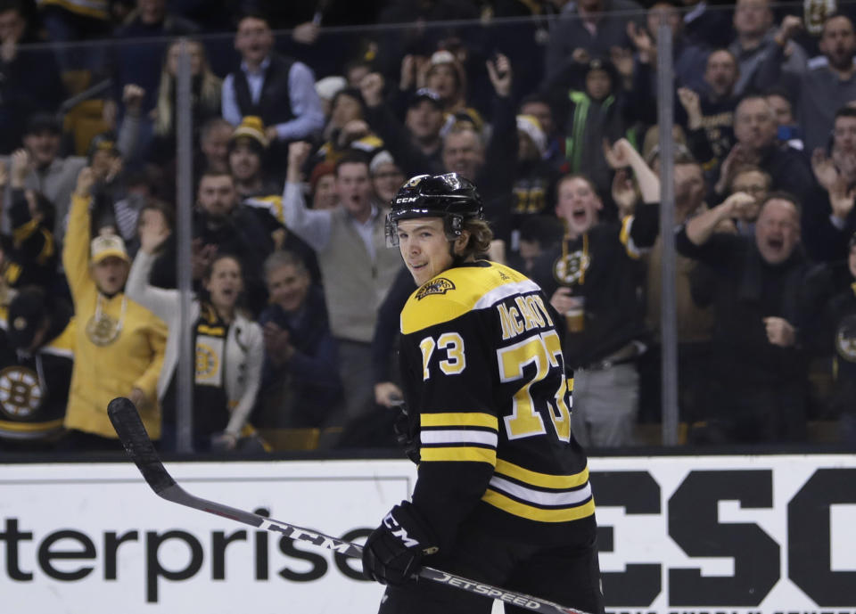 Rookie Charlie McAvoy has been lights-out on the Bruins top pairing alongside Zdeno Chara. (AP Photo/Charles Krupa)