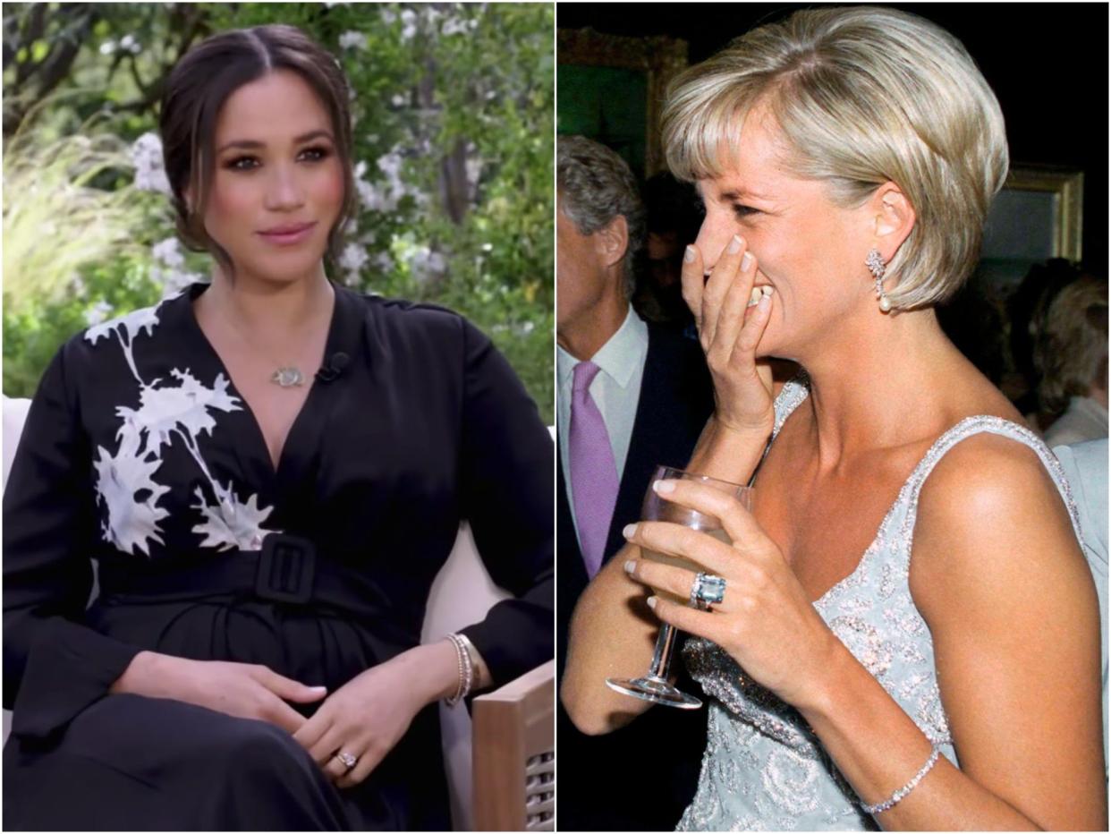 Meghan Markle during Oprah interview, Princess Diana wearing the same bracelet at a Christie’s event in 1997.