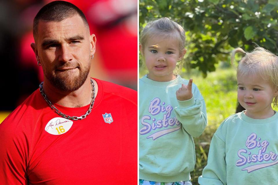 Jason Hanna/Getty, Kylie Kelce/instagram Travis Kelce (L), nieces Wyatt and Elliotte (R)