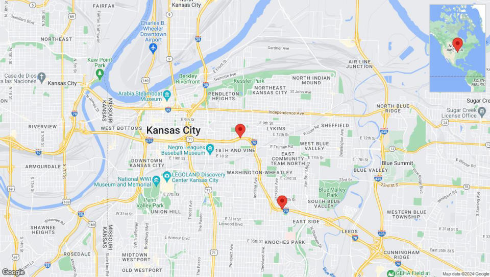 A detailed map that shows the affected road due to 'Drivers cautioned as heavy rain triggers traffic concerns on eastbound I-70 in Kansas City' on June 22nd at 11:03 p.m.