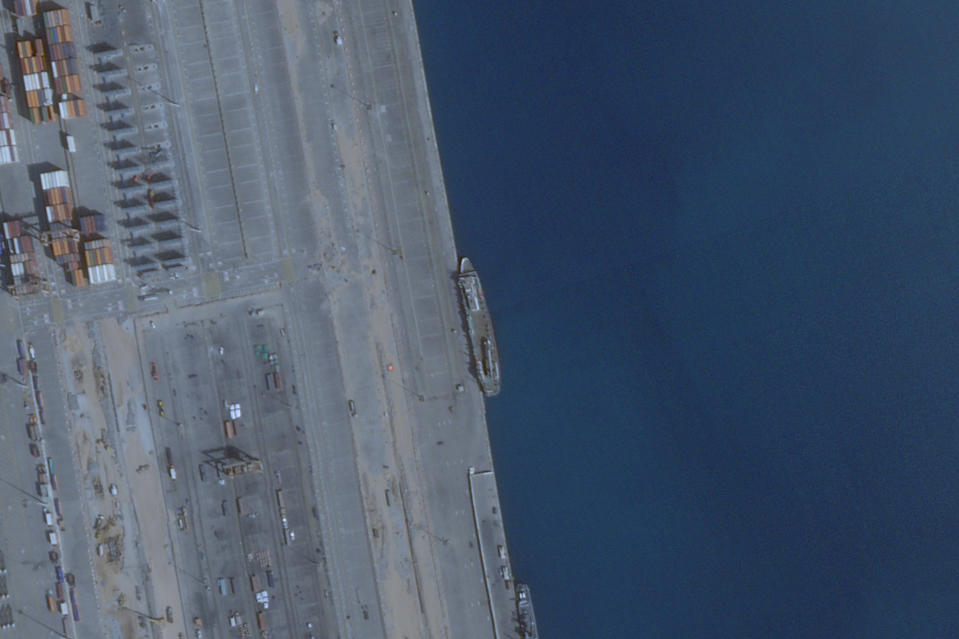 This satellite image provided by Planet Labs shows the abandoned cargo ship Al-Maha, at the seaport of Jeddah, Saudi Arabia, on March 5, 2024. The United Nations has logged an increasing number of crew members abandoned by shipowners, leaving sailors aboard months and sometimes years without pay. More than 2,000 seafarers on some 150 ships were abandoned last year. (Planet Labs via AP)