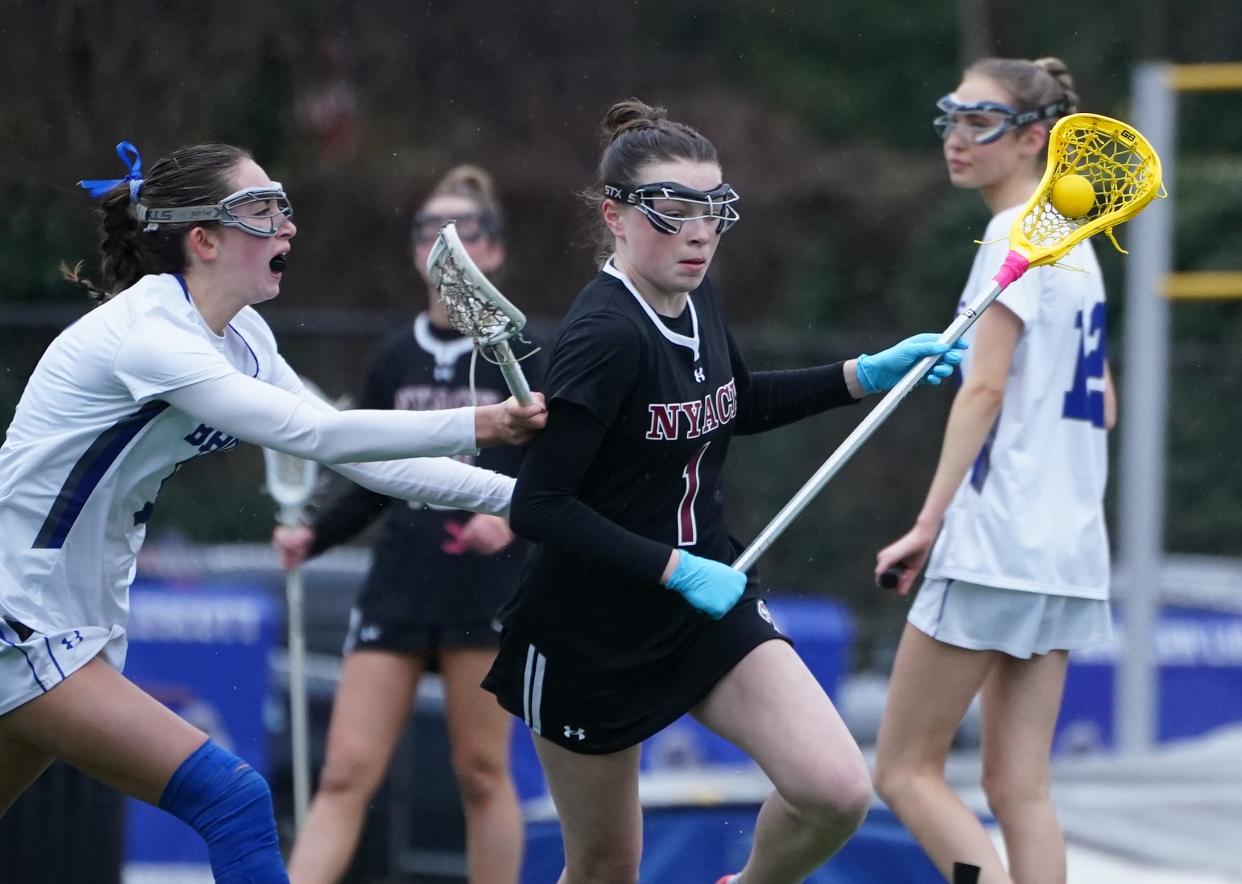 Nyack's Casey Cummings (1) in action during girls lacrosse action against Bronxville at Bronxville High School on Thursday, March 28, 2024. Cummings had 4 goals and 1 assist in the 14-5 win.