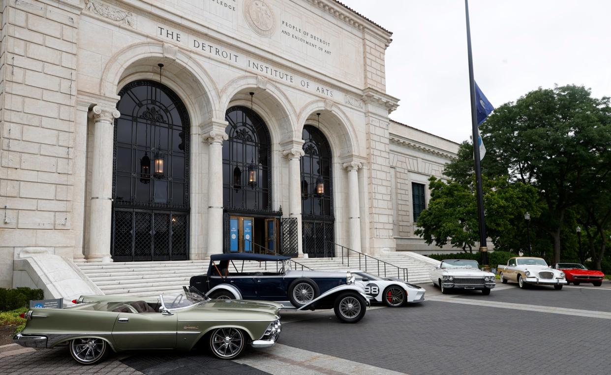 Classic cars line the front of the Detroit Institute of Arts in Detroit on Thursday, Aug. 2, 2022 during a preview of the Detroit Concours d'Elegance classic car show happening in September.