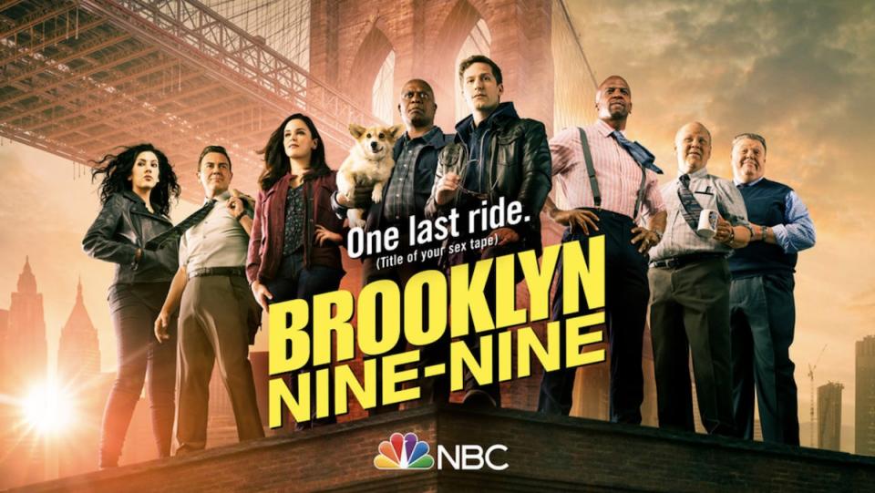 Key art for Brooklyn Nine-Nine's final season includes the cast (from left, Rosa, Charles, Amy, Holt holding Cheddar, Jake, Terry, Hitchcock, and Scully) standing in front of the Brooklyn Bridge at dusk. It's very epic. Text in front of them says the show's title, along with the tagline "One Last Ride" 