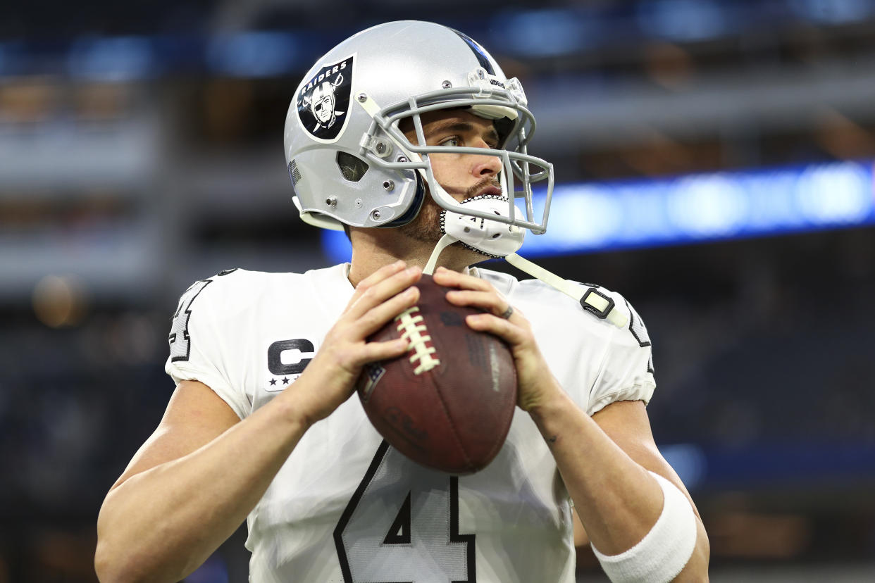 INGLEWOOD, CA - DECEMBER 8: Derek Carr #4 of the Las Vegas Raiders warms up prior to an NFL football game against the Los Angeles Rams at SoFi Stadium on December 8, 2022 in Inglewood, California. (Photo by Kevin Sabitus/Getty Images)