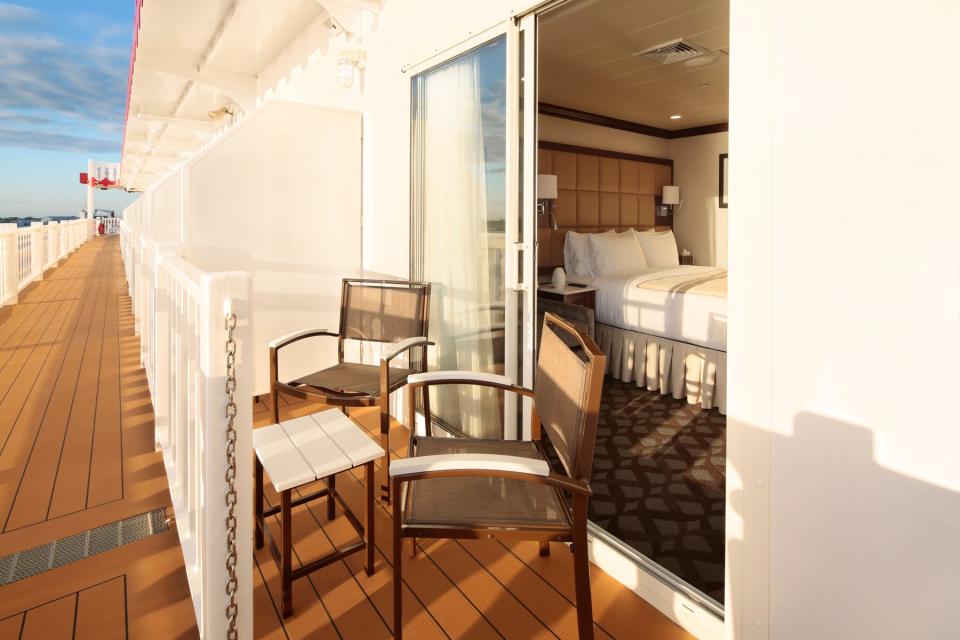 Looking into a stateroom from it'a balcony on board the American Countess