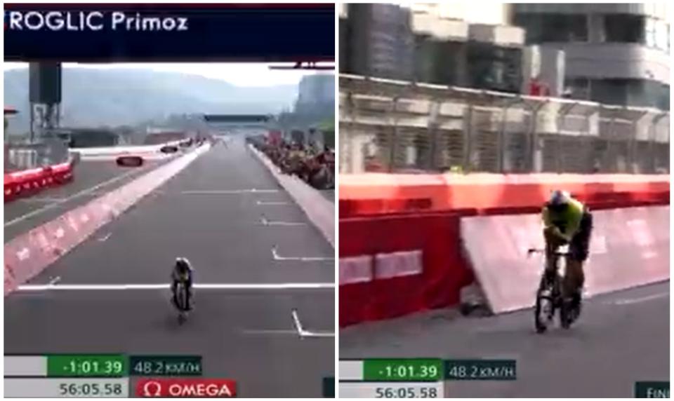 Primoz Roglic cruzó la línea de meta en la prueba de contrarreloj individual masculina y siguió pedaleando pensando que aún no había terminado. (Foto: Eurosport).