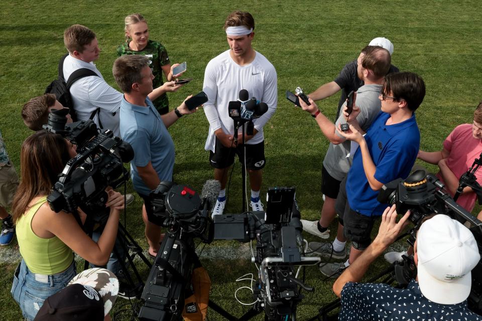 BYU Cougars football quarterback Kedon Slovis talks to journalists after practice at Brigham Young University in Provo on Tuesday, Aug. 1, 2023. | Spenser Heaps, Deseret News