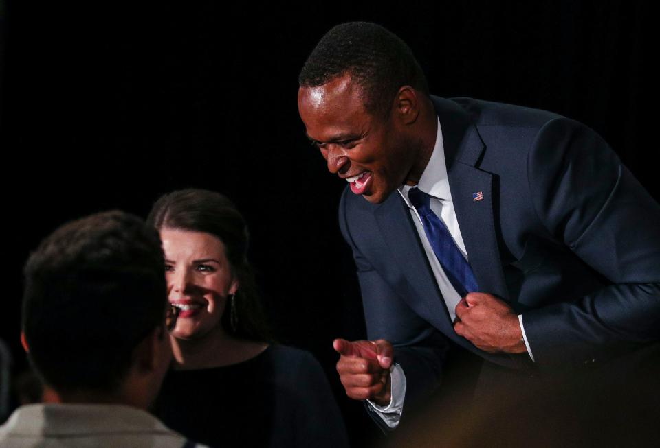 Kentucky attorney general Daniel Cameron and wife Makenze greet supporters Tuesday night at the Galt House Hotel in Louisville, Ky. after Cameron won the 2023 Kentucky Republican primary. He faces incumbent Andy Beshear in November. May 16, 2023.