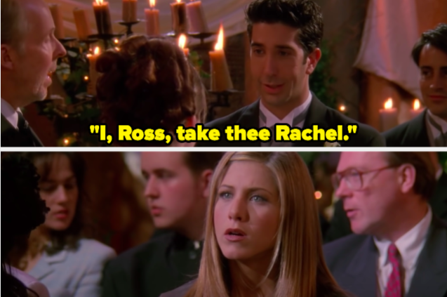 A man is getting married, saying "I Ross take thee Rachel"