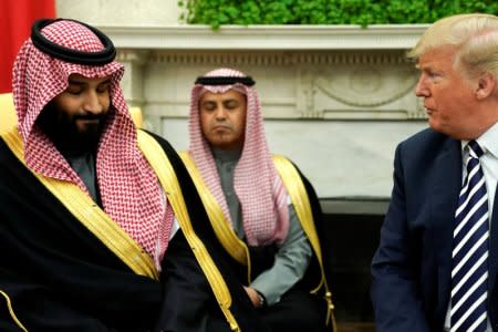 U.S. President Donald Trump delivers remarks as he welcomes Saudi Arabia's Crown Prince Mohammed bin Salman in the Oval Office at the White House in Washington, U.S. March 20, 2018.  REUTERS/Jonathan Ernst