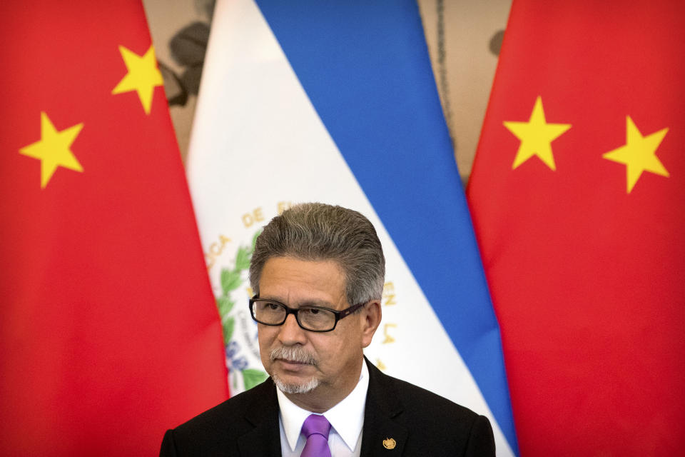 El Salvador's Foreign Minister Carlos Castaneda attends a signing ceremony to mark the establishment of diplomatic relations between El Salvador and China at the Diaoyutai State Guesthouse in Beijing, China, Tuesday, Aug. 21, 2018. Taiwan says it is breaking off diplomatic ties with El Salvador because the Central American country plans to defect to rival Beijing. The move is the latest blow to the self-ruled island that China has been trying to isolate on the global stage. (AP Photo/Mark Schiefelbein)