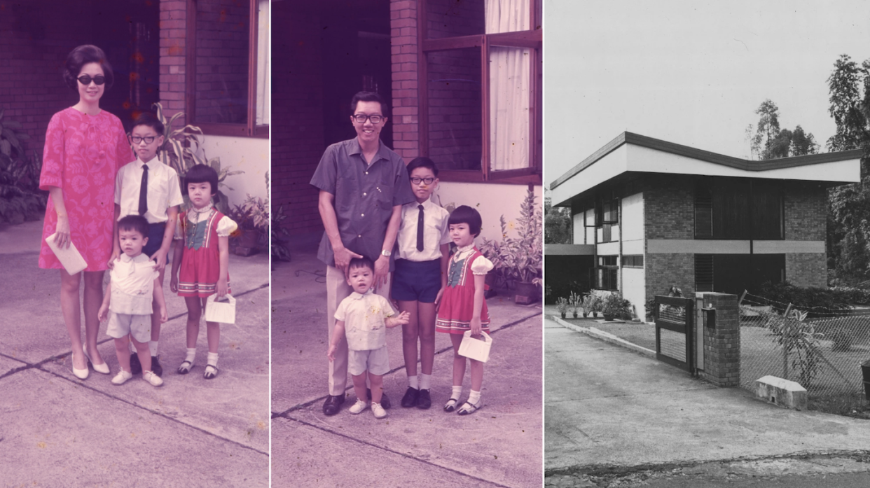 Old photos of artist with mother and siblings (left) with father and siblings (middle) and old photo of family home in 1965 (right) (Photos: Tan Ngiap Heng) 