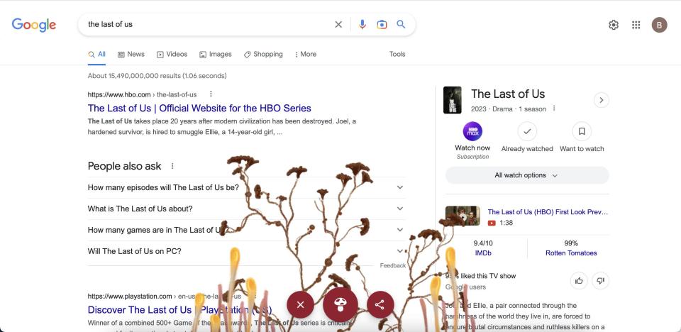 screenshot of Google search page for The Last of Us with digital fungus at the bottom of the screen