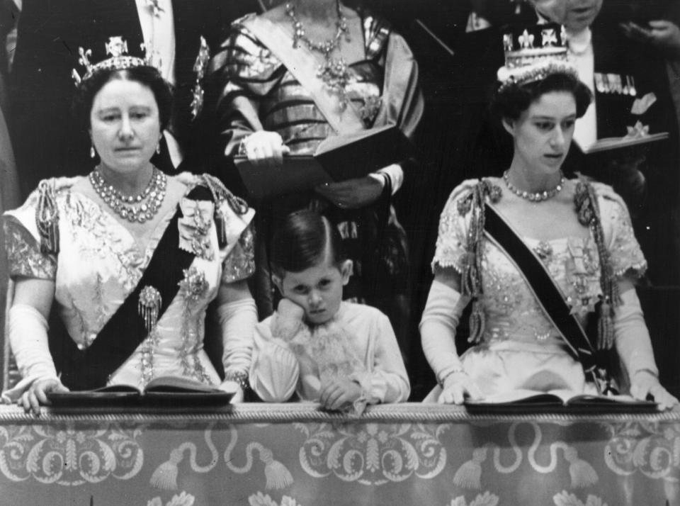 Queen Elizabeth Queen Mother and Prince Charles with Princess Margaret Rose (1930 - 2002) in the royal box at Westminster Abbey watching the Coronation ceremony of Queen Elizabeth II.   (Photo by Topical Press Agency/Getty Images)