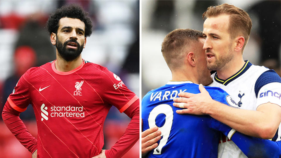 Harry Kane (pictured right) hugging Jamie Vardy and Mohamed Salah (pictured left) during the Liverpool match.