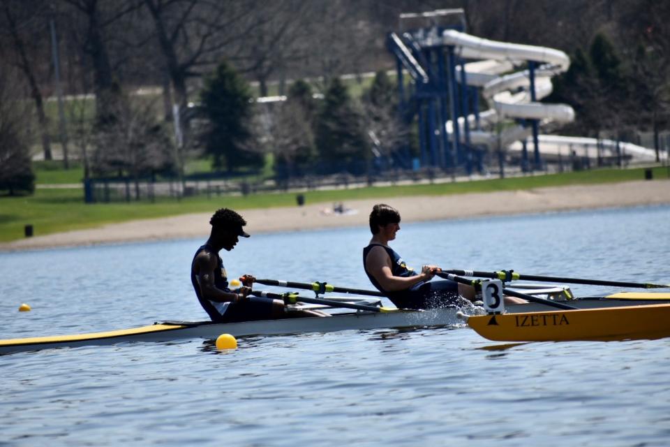 There are a large variety of races at rowing regattas. This particular race has a two-person boat.