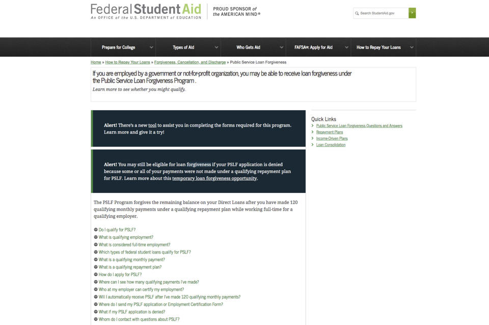 This image from the Federal Student Aid page of the Department of Education show the page to apply for federal student loan forgiveness. A political battle is reheating over a federal program that was designed to cancel student loans for certain public workers but has largely failed to deliver that promise. The program, Public Service Loan Forgiveness, promises to erase federal student loans for public workers who make 10 years of payments while working for approved employers. (Department of Education via AP)