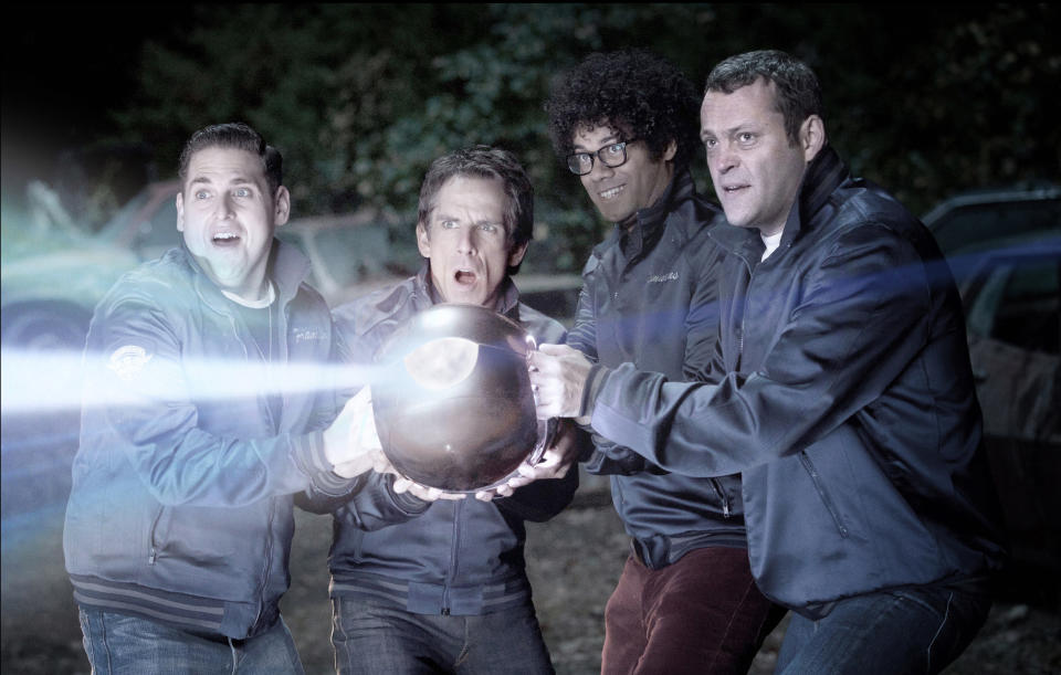 In this image released by 20th Century Fox, from left, Jonah Hill, Ben Stiller, Richard Ayoade and Vince Vaughn are shown in a scene from “The Watch.” Fox says the name of the film starring Ben Stiller and Vince Vaughn as suburban neighborhood watch volunteers who battle aliens was changed from “Neighborhood Watch” to just “The Watch,” in light of the shooting of an unarmed black teenager in Florida. (AP Photo/20th Century Fox, Melinda Sue Gordon)