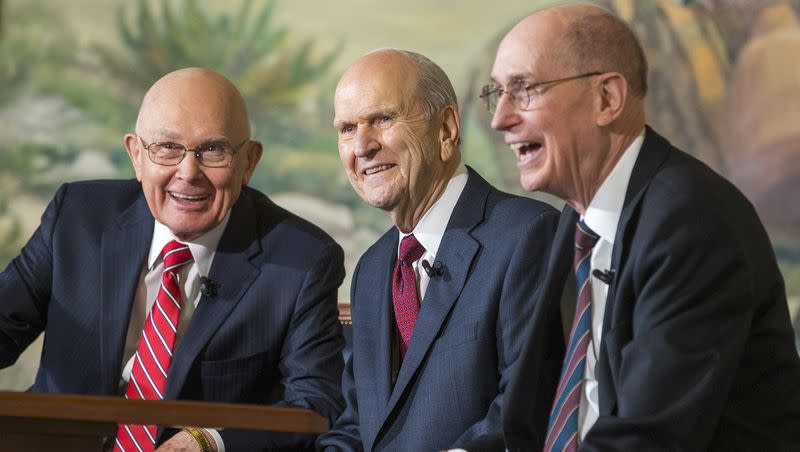 President Russell M. Nelson, the 17th president of The Church of Jesus Christ of Latter-day Saints, sits with President Dallin H. Oaks, first counselor (left), and President Henry B. Eyring, second counselor, at a press conference in Salt Lake City in January 2018.