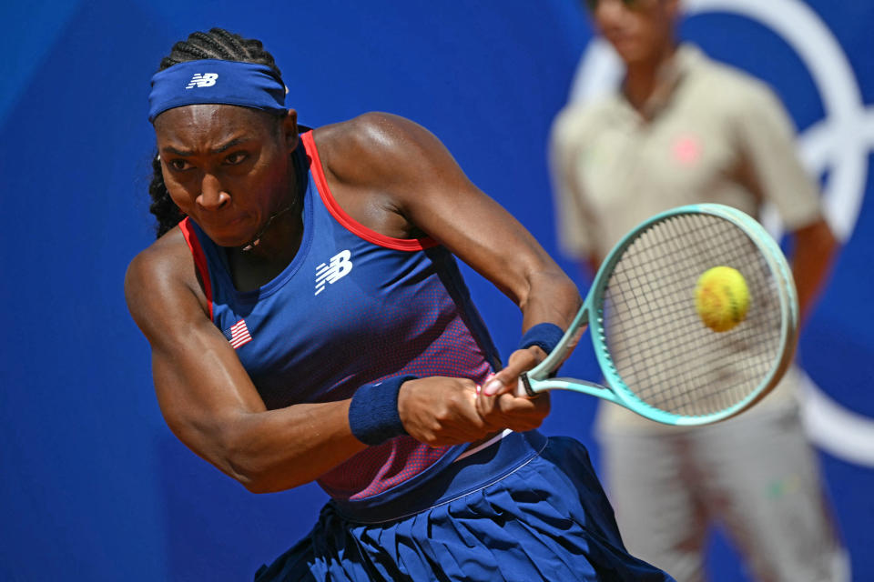 American Coco Gauff meets Argentina's Maria Lourdes Carle during their women's singles second round tennis match on Court Suzanne Lenglen at Roland Garros stadium at the Paris 2024 Olympic Games, in Paris on July 29, 2024. (Photo by Miguel MEDINA / AFP) (Photo by MIGUEL MEDINA/AFP via Getty Images)