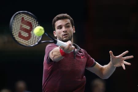 Grigor Dimitrov of Bulgaria returns a shot during his men's singles tennis match against Andy Murray of Britain in the third round of the Paris Masters tennis tournament at the Bercy sports hall in Paris, October 30, 2014. REUTERS/Benoit Tessier (FRANCE - Tags: SPORT TENNIS)