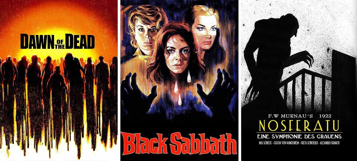 Posters for Nosferatu, Dawn of the Dead, and Black Sabbath