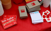 Social Democratic Party (SPD) election campaign material for the upcoming European Parliament elections is pictured during a rally in Quedlinburg, Germany, May 4, 2019. Picture taken May 4, 2019. REUTERS/Fabrizio Bensch