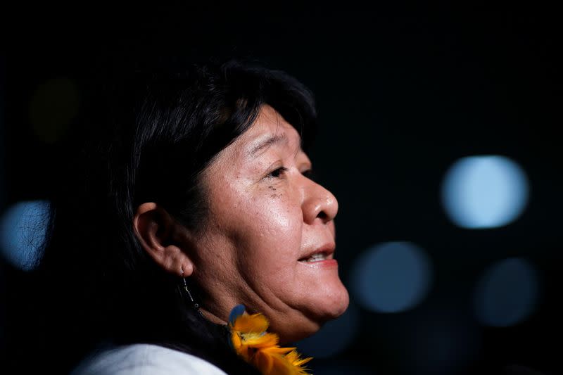 Indigenous Congresswoman Joenia Wapichana speaks with journalists after a meeting with the parliamentary front in defense of the rights of indigenous people in Brasilia