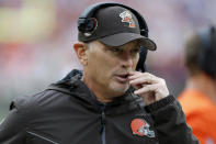 FILE - Cleveland Browns defensive coordinator Jim Schwartz warches during the second half of the team's NFL football game against the San Francisco 49ers on Oct. 15, 2023, in Cleveland. Schwartz won the AP Assistant Coach of the Year award Thursday, Feb. 8, 2024, after guiding the league’s No. 1-ranked unit. (AP Photo/Ron Schwane, File)